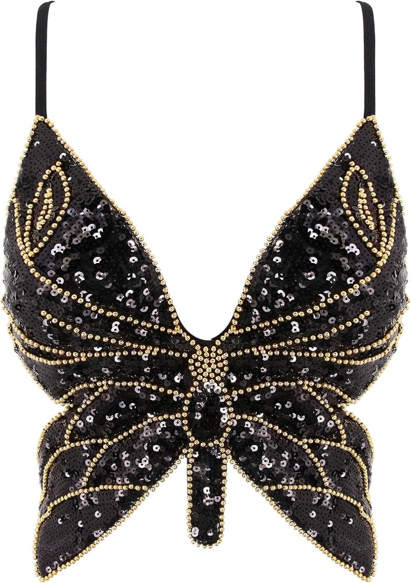 Mocure Womens Glitter Sequin Butterfly Crop Top Low-Cut Tank Top Rave Tube Vest Top for Belly Dance Costume Outfits - Image 1